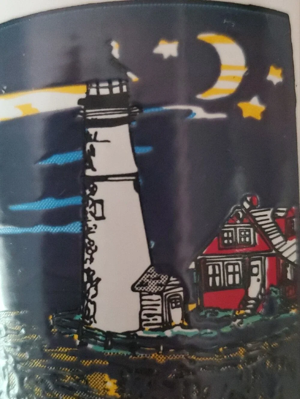 Ceramic Lighthouse Coffee Mug in White with Navy Night Scene Made In USA